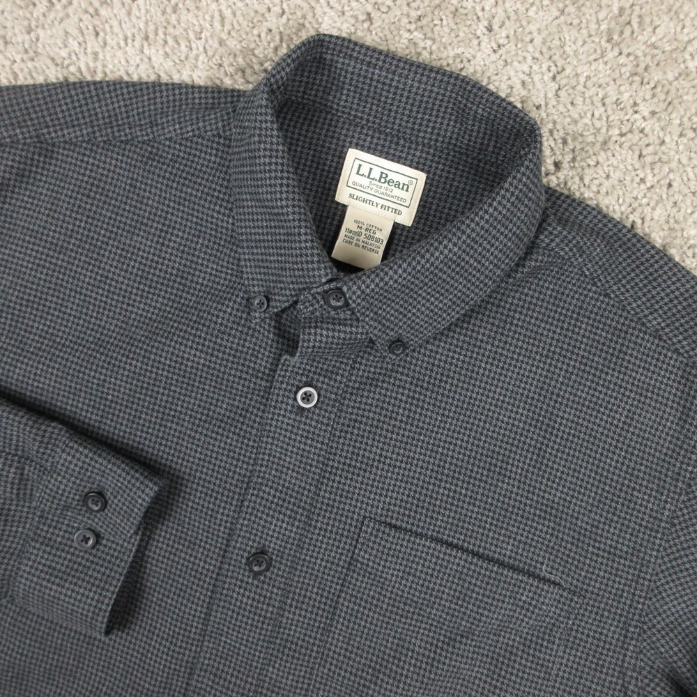 LL Bean Shirt Mens Medium Black Gray Houndstooth Wicked Good Flannel Button Up